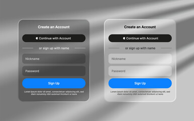Create account UI. Sign up and log in liquid glass element, user interface element for ui ux design