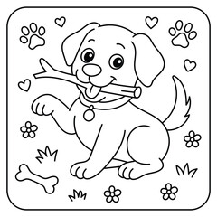 Cute Puppy Playing with Stick Coloring Page – Adorable Dog Line Art for Kids