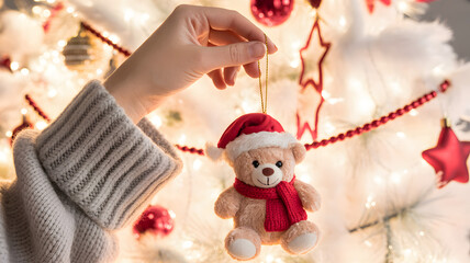 Cozy hand holding christmas bear ornament with festive holiday decor
