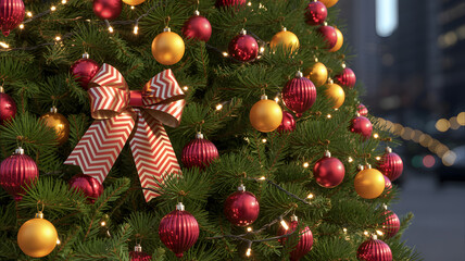 Brightly decorated christmas tree with red and gold ornaments and a chevron bow