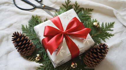 Elegant christmas gift wrapped with red ribbon amidst pine needles and cones