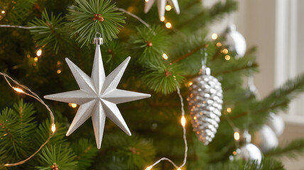 Festive holiday star ornament on lit christmas tree with glowing fairy lights
