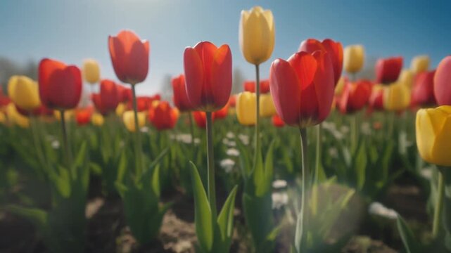 チューリップの花畑を低空飛行する視点