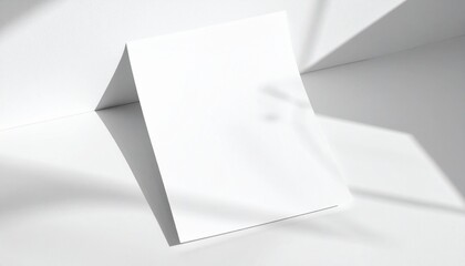 Clean and elegant blank white folded card mockup standing on a minimalist geometric surface with crisp, contrasting shadows, ideal for modern branding and design presentations