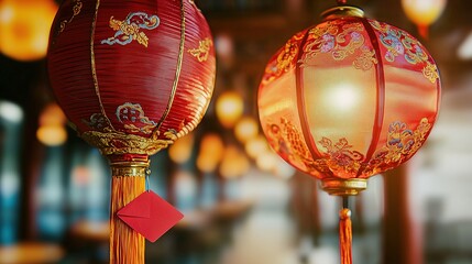 Red-Gold Patterned Double Lanterns with Red Envelope Dining Empty Space, Catering Promotion Material, Chinese-chic New Year Ambiance, Suitable for Chinese Restaurant Spring Festival Promotion