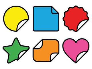 A collection of six colorful blank stickers with peeled corners in various shapes, including circle, square, star, and heart designs.