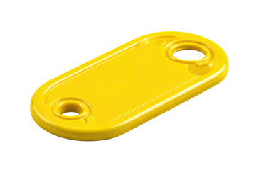 Bright yellow, flat, oval toy piece with two holes