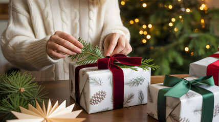 Handmade christmas gift wrapping in a festive holiday setting