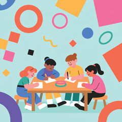 Illustration Of Children Studying Together At A Table Vector Design Template