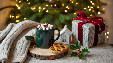 Warm winter cozy scene: hot chocolate with marshmallows, pretzels, and festive gift by a christmas tree