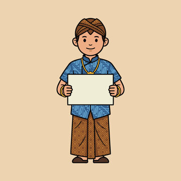 Cartoon illustration of a young Javanese man wearing traditional Indonesian clothing and holding a blank sign.