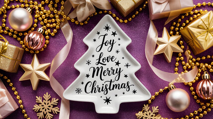 Joyful festive christmas decor: ceramic tree with 'joy love merry christmas' message on a violet holiday backdrop