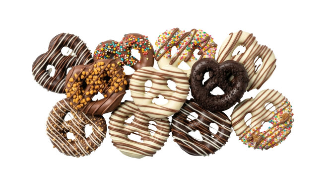 Assortment of chocolate drizzled pretzels transparent background cutout png