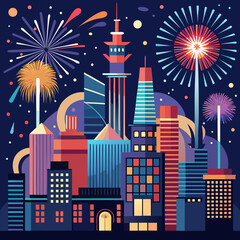 Vector illustration of New Year&rsquo;s Eve fireworks over a big city. firewalks
