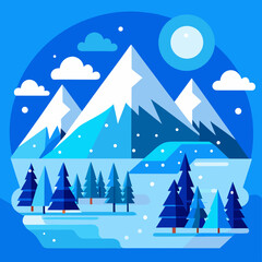 Flat vector art of winter landscape with falling snow and blue mountains.