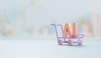 3D shopping cart with the text AI. Concept of smart marketing and strategic sales driven by artificial intelligence. Harmonious colors. Isolated object © Tom