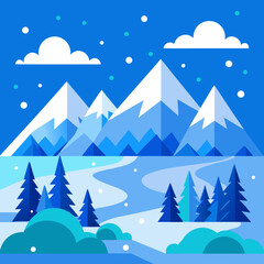 Flat vector art of winter landscape with falling snow and blue mountains.