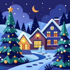 Vector illustration of a cozy snowy December night with glowing houses and pine trees.