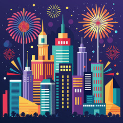 Vector illustration of New Year&rsquo;s Eve fireworks over a big city.