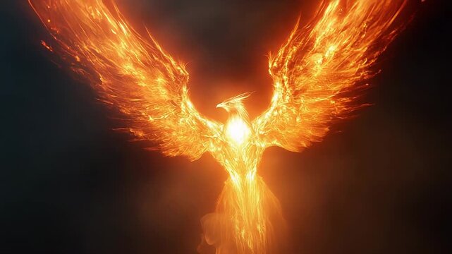 Phoenix flying with fiery wings on dark background