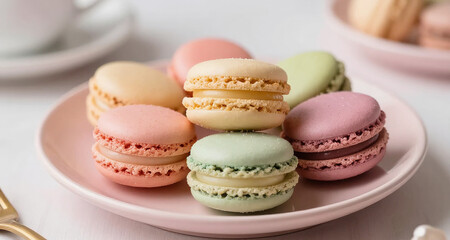 Fototapeta premium Colorful macarons stacked on a pastel plate, sweet dessert
