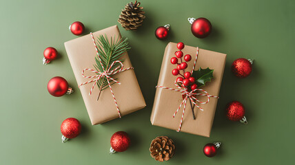 Elegant christmas gifts with rustic crafted wrapping and festive decorations