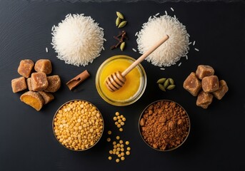 Assorted natural sweeteners and ingredients including honey and sugar on a dark surface
