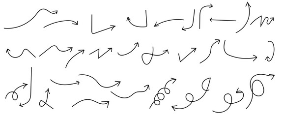 Set of hand drawn arrow vector icons. Simple lines hand drawn black arrows in various style. Doodle arrows for concept design.