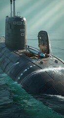 Obraz premium A dark, military submarine emerges from the water, displaying a missile ready for launch.
