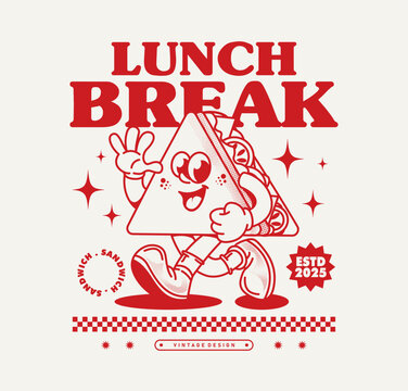 Retro sandwich mascot in a playful cartoon style, perfect for T-shirt design, sticker, poster, and creative artwork