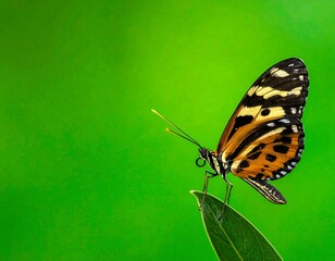 Fototapeta premium Butterfly with orange, yellow, and black wings perched on leaf