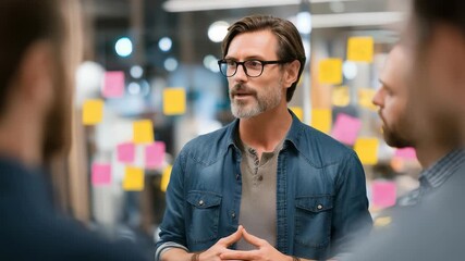 Confident business leader in casual attire discussing strategy with team in modern office, surrounded by colorful sticky notes. Creative brainstorming session fosters innovation and teamwork