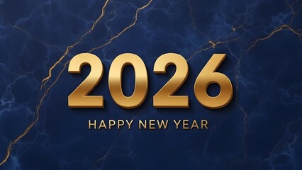 Happy New Year 2026 gold text on dark blue marble background