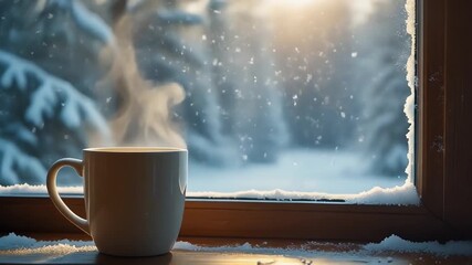 Hot coffee mug steaming by the window with snowy weather outside. - Powered by Adobe