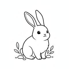 Adorable cartoon rabbit illustration for coloring book page with foliage