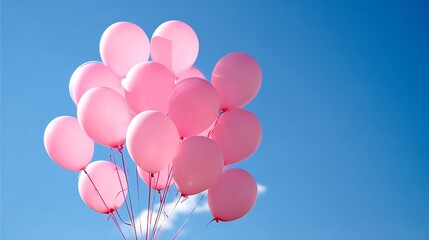 Colorful birthday surprise with pink balloons and hearts against blue sky background, joyful, birthday