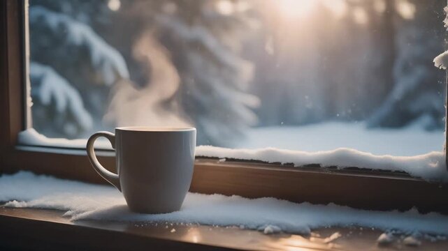 A cozy indoor scene with a hot coffee mug steaming by a large window. Snowflakes gently fall outside.