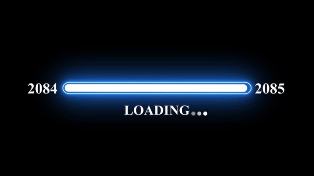 New year 2085 loading bar animation Year changing from 2084 to 2085 . Loading bar from 2084 to 2085 new year transfer animation. Almost reaching New Year on black background.