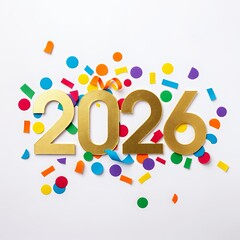 Golden 2026 Numbers Surrounded by Colorful Confetti and Streamers on