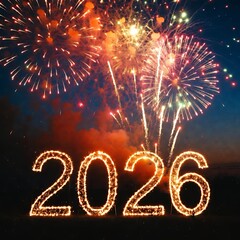 Happy New Year 2026 Festive Fireworks Display Orange Sparkles Against