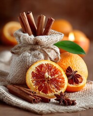 Cinnamon Sticks in Sack with Blood Oranges and Star Anise on Table