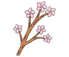 Illustration of Cherry Blossom Branch with Pink Flowers