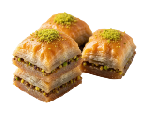 Stack of baklava with pistachios transparent background cutout png