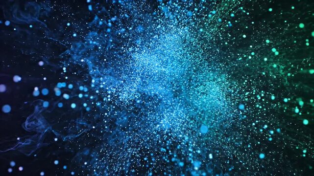 Abstract digital art of a blue and green explosion with particles.