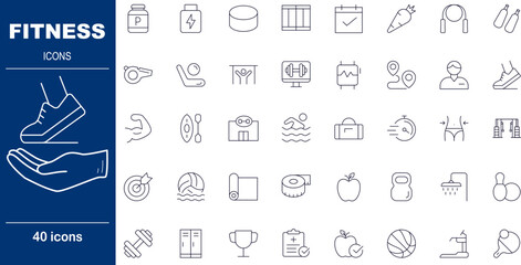40 Line Style Fitness Icons Exercise Equipment, Workout Tracking and Health Wellness Symbols