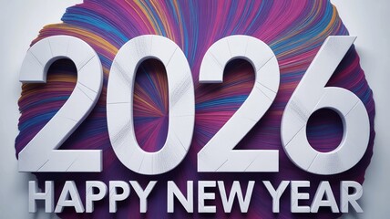 Stunning white 3D text announces Happy New Year 2026 against a vibrant swirling abstract background design