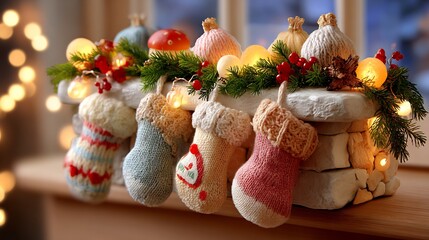 Christmas Stockings Hanging on Mantel with Lights and Decorations
