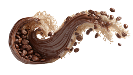 Coffee beans swirl with cream and chocolate sauce flow
