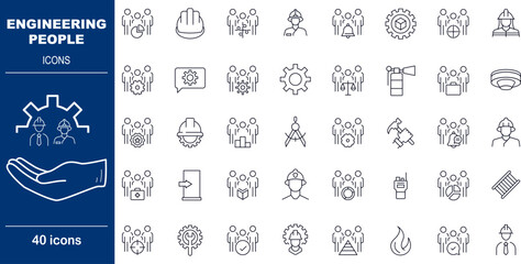 40 Line Style Engineering People Icons Construction Teams, Technical Roles and Safety Compliance Symbols