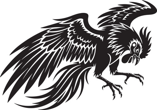 Fighting Rooster Aseel Spreading Its Wings and Attacking with its Talons silhouette vector flat illustration design